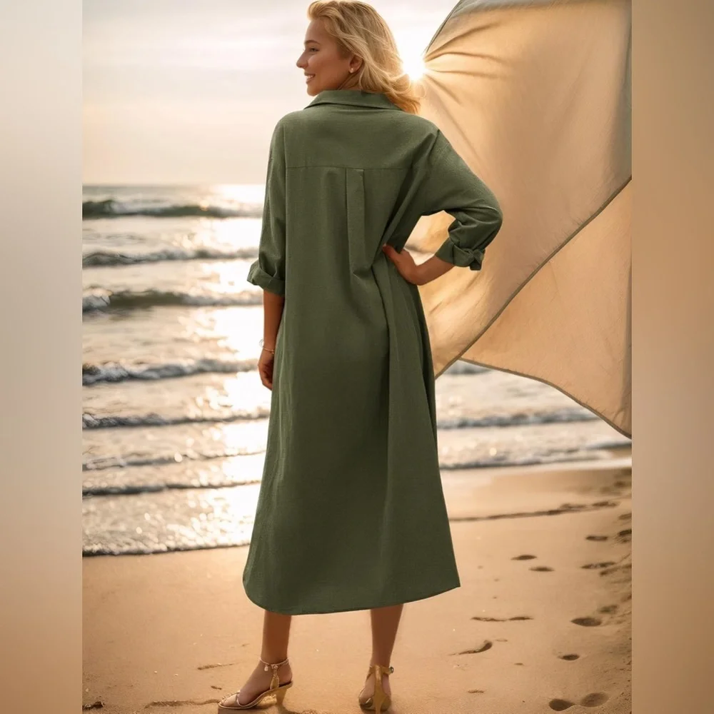 ZARA Elegant Olive Green Button-Down Dress - Picture 3 of 5